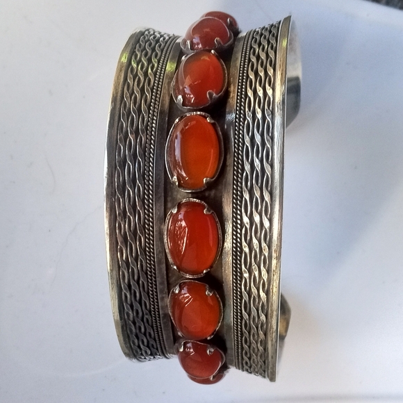 Sterling Silver Carnelian Wide Statement Cuff Bracelet - Picture 2 of 12